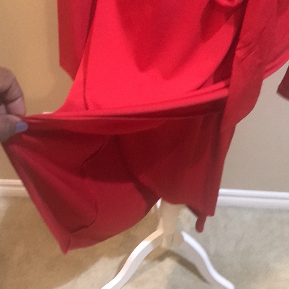 SIGNATURE COLLECTION Faux Wrap Dress Midi Red Jersey Knit Fit and Flare Dress-M - Picture 7 of 10
